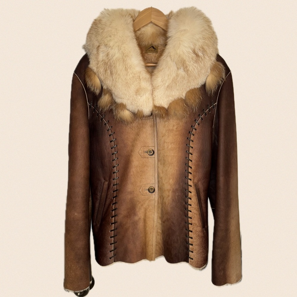 LUXURY SHEEPSKIN JACKET W/ BLUE FOX FUR COLLAR & TEDDY BEAR SHEARLING INSIDE MED
